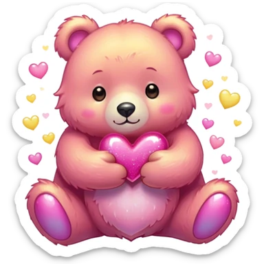 "A cute, fluffy bear sticker in a vibrant kawaii style, tightly hugging with both arms, big sparkling eyes full of love, soft pink cheeks, warm pastel colors like pink and yellow, smooth gradients, gentle shadows, heart-shaped sparkles around, transparent background, highly detailed, expressive and adorable."

 sticker