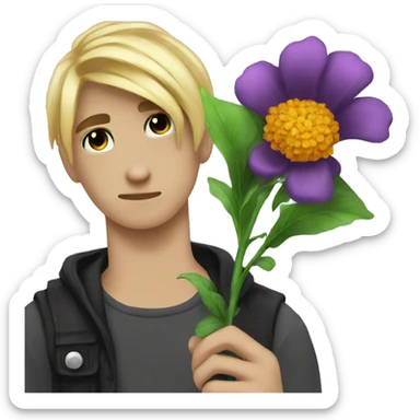 Emo guys holding a flower while lookin away sticker