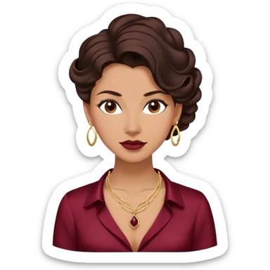 Emoji femenino con cabello recogido elegante castaño oscuro con ondas. Tono de piel bronceado. Viste camisa satinada vinotinto y lleva tres collares combinados color dorado. Diseño minimalista pero elegante. sticker