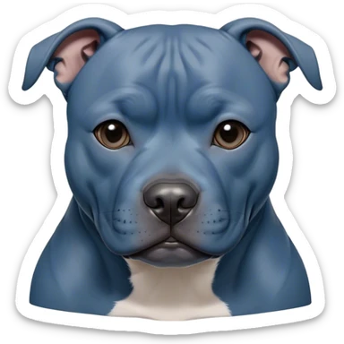 Cinematic Noble Blue Staffordshire Bull Terrier Portrait Emoji, Poised and regal, with a compact, muscular build and a sleek, well-groomed blue Fur, deep-set soulful dark eyes, Simplified yet sharp and sophisticated features, highly detailed, glowing with a soft, dignified glow, high shine, intelligent and loyal, stylized with an air of strength, focused and attentive, soft glowing outline, capturing the essence of a watchful and confident guardian, so majestic it feels as though it could stride out of the screen with effortless authority! sticker