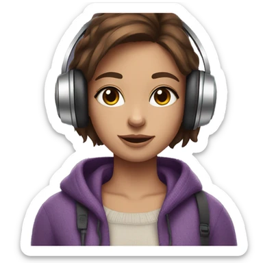 Brown haired girl, fair skin, purple sweater, headphones, long lashes and cat in arms sticker