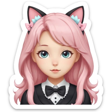 Gorgeous pastel anime style lady with blushing cheeks, cat ears, long beautiful Lucious stylish hair, big pretty eyes, cute dress and bow ties  sticker