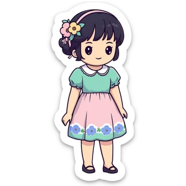 Adorable anime girl with black hair in a beautiful cottagecore dress with pastel colors and floral elements sticker
