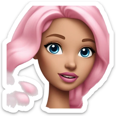 a beautiful girl with fair skin, blue eyes and long soft pink hair, with pink lipstick on her lips. looks like barbie sticker