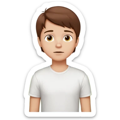 a boy with brown hair in white T-shirt thinking about a park sticker