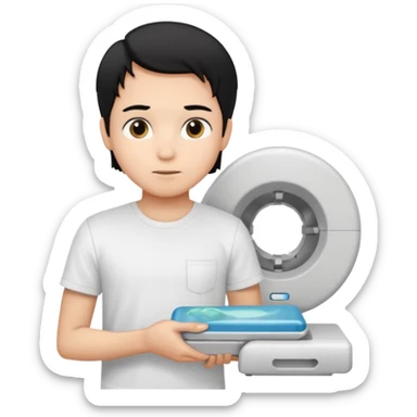 generate a pretty bratz emoji of a boy with black hair wearing a white tshirt and holding a cT sticker