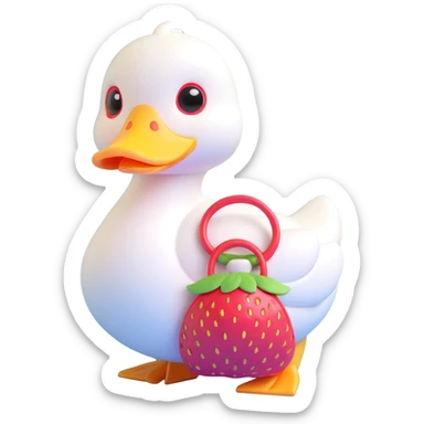 cute white duck with a strawberry-shaped shoulder bag, kawaii 3D style, pastel colors, big shiny eyes, soft lighting, iOS 18 look, duck facing forward sticker