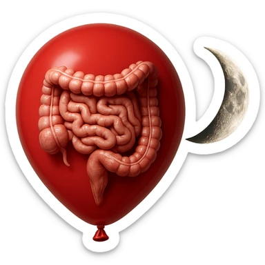 intestino umano anatomico chiuso in un palloncino rosso che simboleggia gonfiore, accanto una mezza luna che simboleggia "gonfiori di sera", iperrealistico 4k sticker
