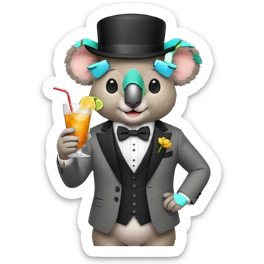 koala wearing suit, bowtie and top hat, holding a glass of drink sticker