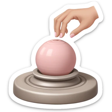 hand hovering over a centered pink ball of clay on a silver pottery wheel, not touching it yet, sensing position before contact sticker