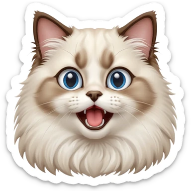 cinematic-adorable-big-eyed-fluffy-ragdoll-cat-portrait-emoji,-head-tilted-playfully-with-a-cute,-yawn,-white and brown fur,-simplified-yet-irresistibly-cute-features, blue eyes sticker