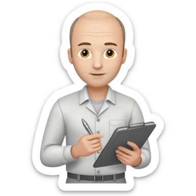 man mid 30's shirt and trousers balding hairline standing holding a clipboard sticker