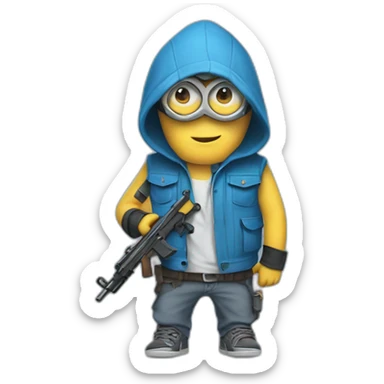 baby minion  in gray pants in a blue sleeveless shirt in a hood and with a collar with two pistols in his hands holds them on both sides raised sticker