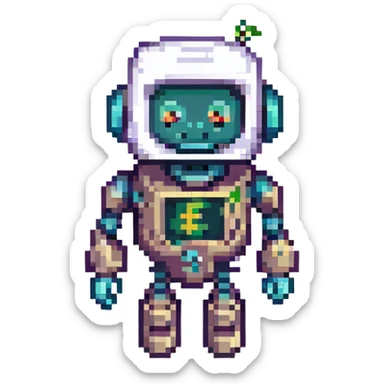 pixel art robot mascot for a finance app, friendly and modern, with subtle money or finance elements sticker