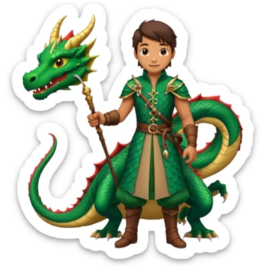 a dragon tamer with a whip in his hand in medieval time with a dragon next to him sticker