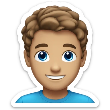 smiling boy in blue shirt, bright blue eyes, brown hair, no facial hair, tan skin sticker