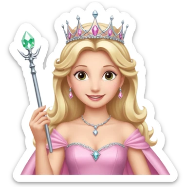 glinda the good witch from wicked movie, blonde hair, beautiful, big silver thin tiara, wand, pink gown sticker
