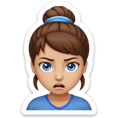 girl with blue eyes, brown hair in an angry brown bun sticker