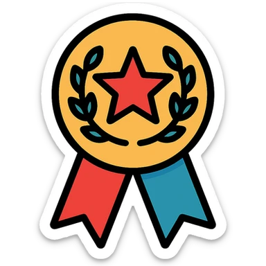 gold honorable mention badge with colorful elements, elegant minimalist flat design, award badge style, 2D flat vector, trending icon look, soft shadows, no text, isolated on white background, commercial use sticker