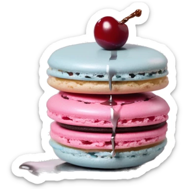 Single Realistic pastel macaron drizzled in metallic silver drip and pink cherry placed on top of the drip and cookies. sticker