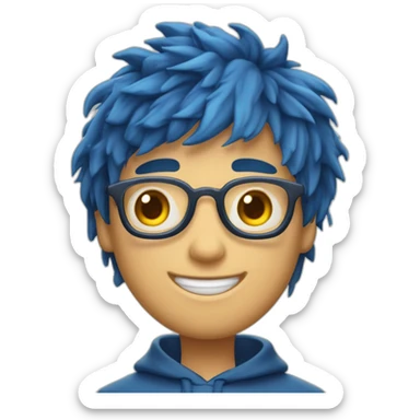 Un garçon aux cheveux châtains foncé mi-longs avec une frange à gauche lui tombant sur l'oeil avec les yeux bleus portant un sweat à capuche bleu qui pleure de rire sticker