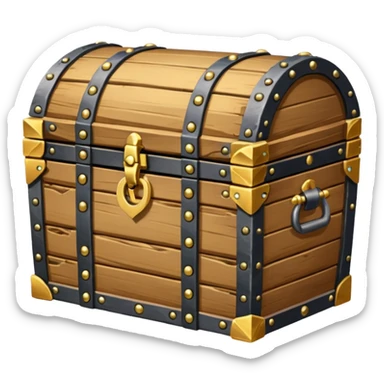 Plain looking battered wooden chest with iron fittings overfilling with gold and gems sticker