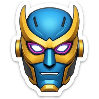 "Stylized sticker of a mechanical superhero mask, urban graffiti style, sharp edges, neon light accents, thick contour lines, high contrast, matte finish, isolated on white." sticker