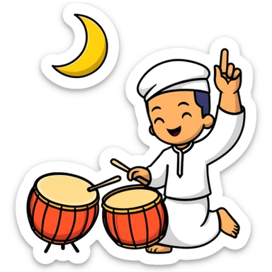 person beating a drum and chanting 'tung tung tung sahur' in a festive Ramadan night setting sticker