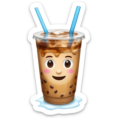 A 3D cartoon plastic cup of iced coffee with straw, clear lid, ice cubes floating, realistic condensation, bright sunlight, Memoji-style. sticker