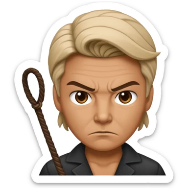 person with a mean scoul and a whip sticker