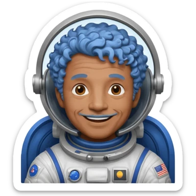 old man, brown skin astronaut with curly blue hair, smile sticker