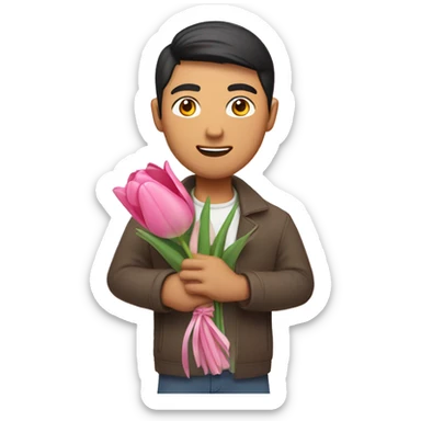 Asian guy holding pink tulip bouquet  sticker