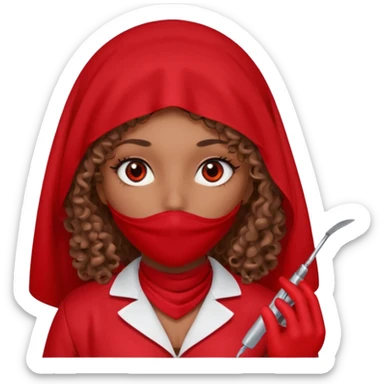 Lilith scalpel in hand, evil surgeon sexy surgeon clothes.  She has red eyes. She brown long curly hair. Wears sexy doctor outfit with red gloves. Covers mouth necknose with red burka to hide her identity sticker