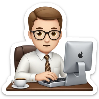 white journalist man in shirt and tie, typing on a computer, coffee cup nearby sticker