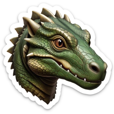 Cinematic Realistic Noble Komodo Dragon Portrait Emoji, Poised and imposing, with a massive, rugged build and a weathered, intricately scaled hide in earthy olive and dark tones, a distinct, powerful head with sharply defined features and piercing eyes, rendered in lifelike detail with natural texture and shadow, high shine, intelligent and formidable, styled with an air of ancient reptilian authority, focused and attentive, soft glowing outline, capturing the essence of a watchful and commanding Komodo dragon that appears ready to emerge from the screen with raw power! sticker