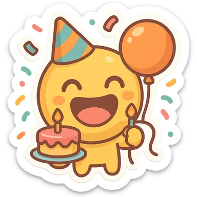 festive emoji with big smile, party hat, holding cake and balloon, confetti falling, bright playful cartoon colors sticker