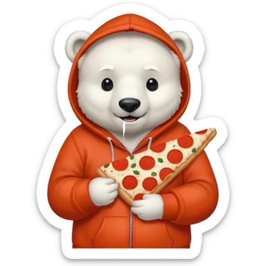 polar bear with pizza wearing red orange hoodie sticker