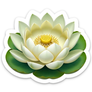Pure white lotus flower with botanically accurate yellow seedpod center with distinct holes pattern, surrounded by pristine white petals and floating on a green notched lotus leaf sticker