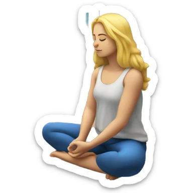 Blonde girl meditating on a wooden deck facing the ocean sticker