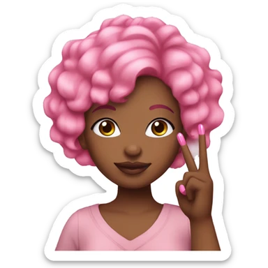 Pink haired African American woman  putting up peace sign with pink nails sticker