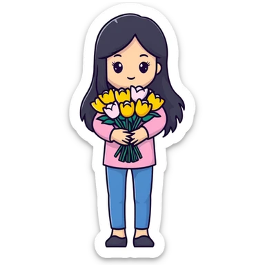 beautiful girl with long black hair holding a bouquet of flowers sticker