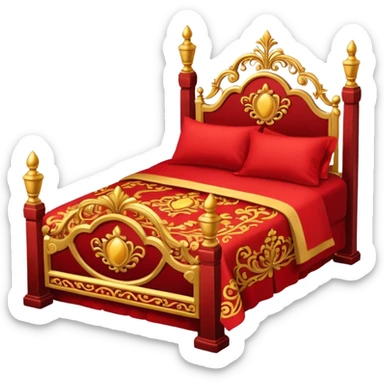 bed with red and gold sheets, wooden sticker