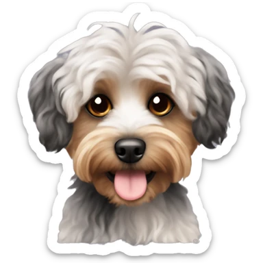 Yorkipoo with curly black and brown hair and white chest sticker
