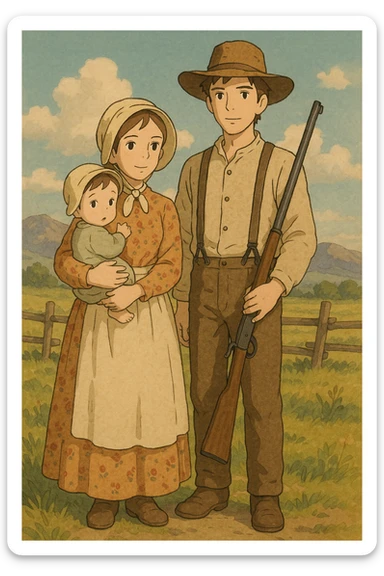 The full bodies of a young husband and wife who are pioneer settlers in the American West in the 1850s. The wife has a young child and the husband is carrying a rifle. sticker