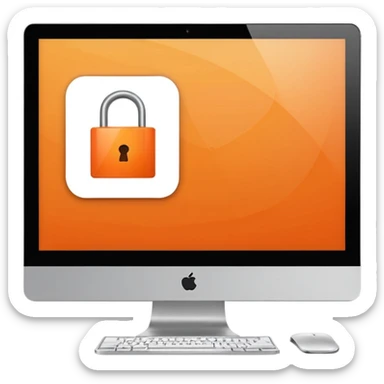 Orange iMac computer with lock screen sticker