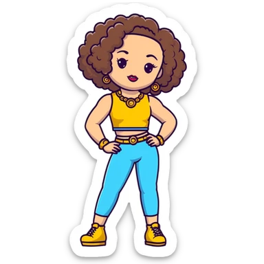 Full body teenage girl with curly brown hair, heavy makeup, big lips, crop top, gold jewelry and flashy choni style outfit sticker