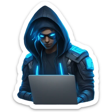 developer behind his laptop with this style : crysis Cyberpunk Valorant neon glowing bright blue character blue black hooded assassin themed character sticker