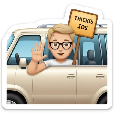 White guy with glasses in a big suv with a sign that says Thiccies  sticker