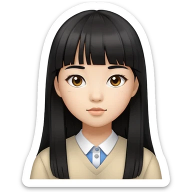 schoolgirl with Asian skin tone, long black hair, and straight cut bangs sticker