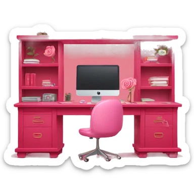 Rose red pink desk with shelves + decorations + rose red computer on top of desk.  sticker